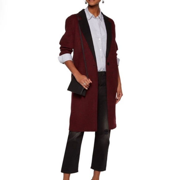 SANDRO Claret Felt Wool Houndstooth Long Coat Red/Black - Picture 1 of 10
